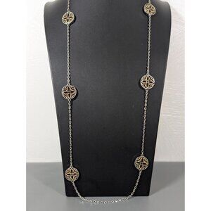 Elegant Two Tone Floral Medallion Station Chain Long Layering Necklace 40"